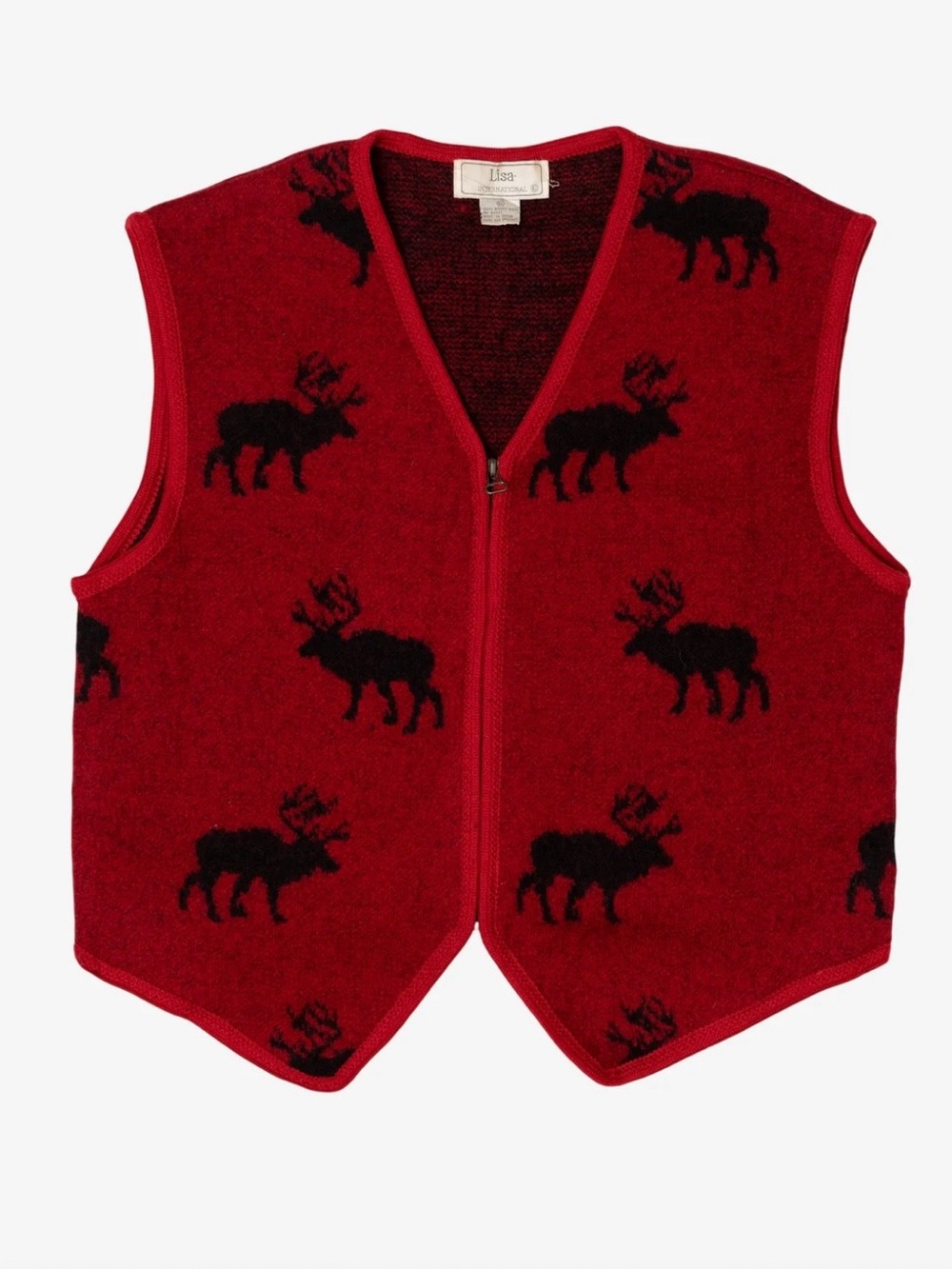 LISA INTERNATIONAL Reindeer Vintage Wool Vest 90s, red and black